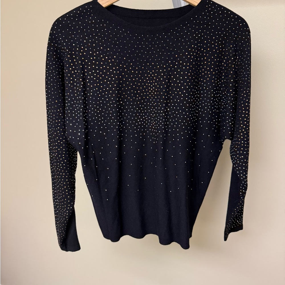Black Rhinestone Studded Knit Top Long Sleeve Stretch Sweater M